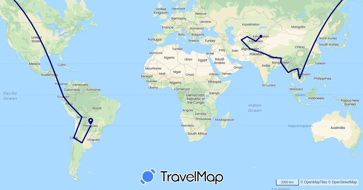 TravelMap itinerary: driving in Afghanistan, Argentina, Bangladesh, Bolivia, Bhutan, Chile, Ecuador, Kyrgyzstan, Laos, Myanmar (Burma), Nepal, Paraguay, Thailand, Tajikistan, Turkmenistan, Uzbekistan (Asia, South America)